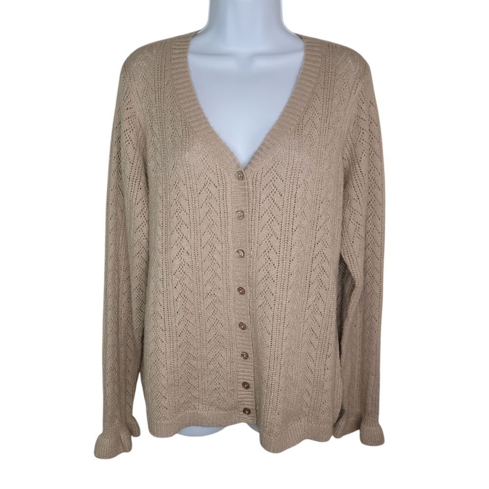 Denim & Co. Pointelle Button Front V Neck Sweater Cardigan Size Large